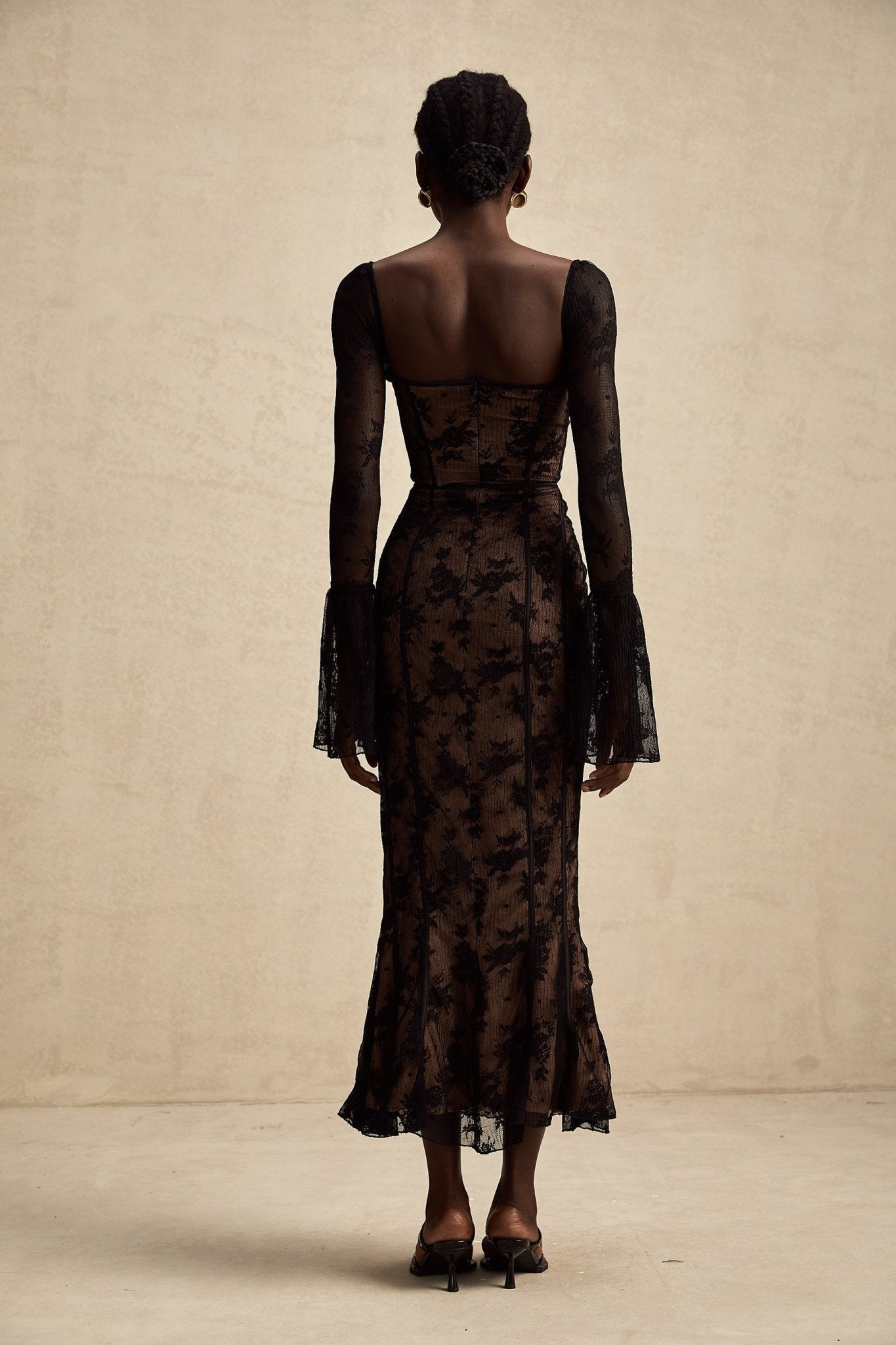 Makayla Maxi Dress - Long Sleeve Black Lace with Square Neck and Flared Cuffs