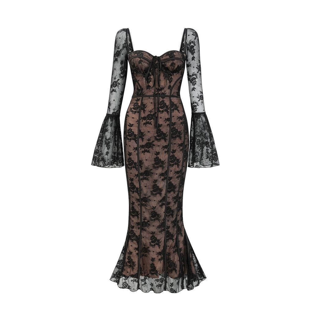 Makayla Maxi Dress - Long Sleeve Black Lace with Square Neck and Flared Cuffs