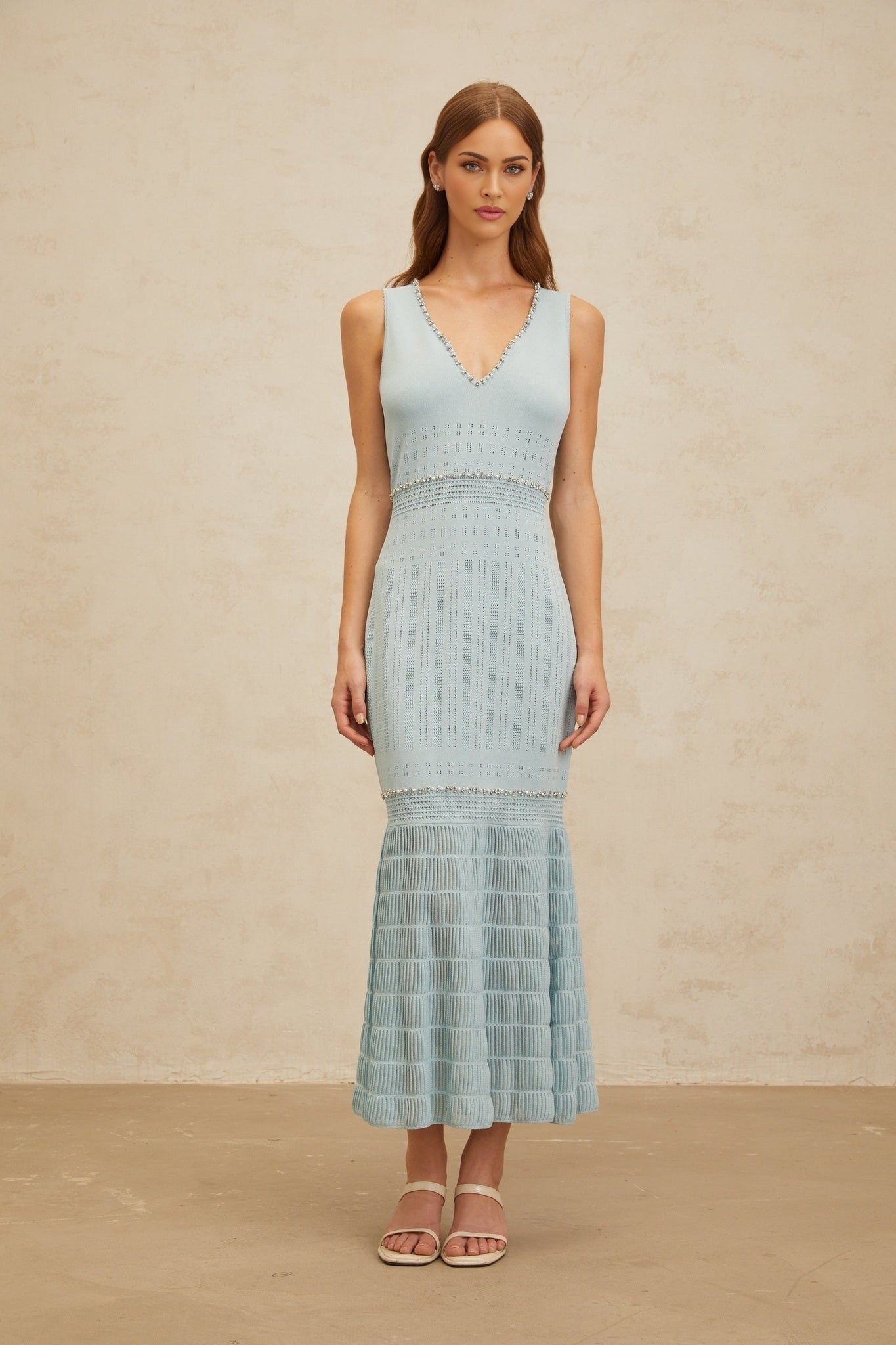 Malaya Maxi Dress - Blue Rhinestone Embellished - Pointelle Trim - Fitted Waistline