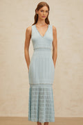 Malaya Maxi Dress - Blue Rhinestone Embellished - Pointelle Trim - Fitted Waistline