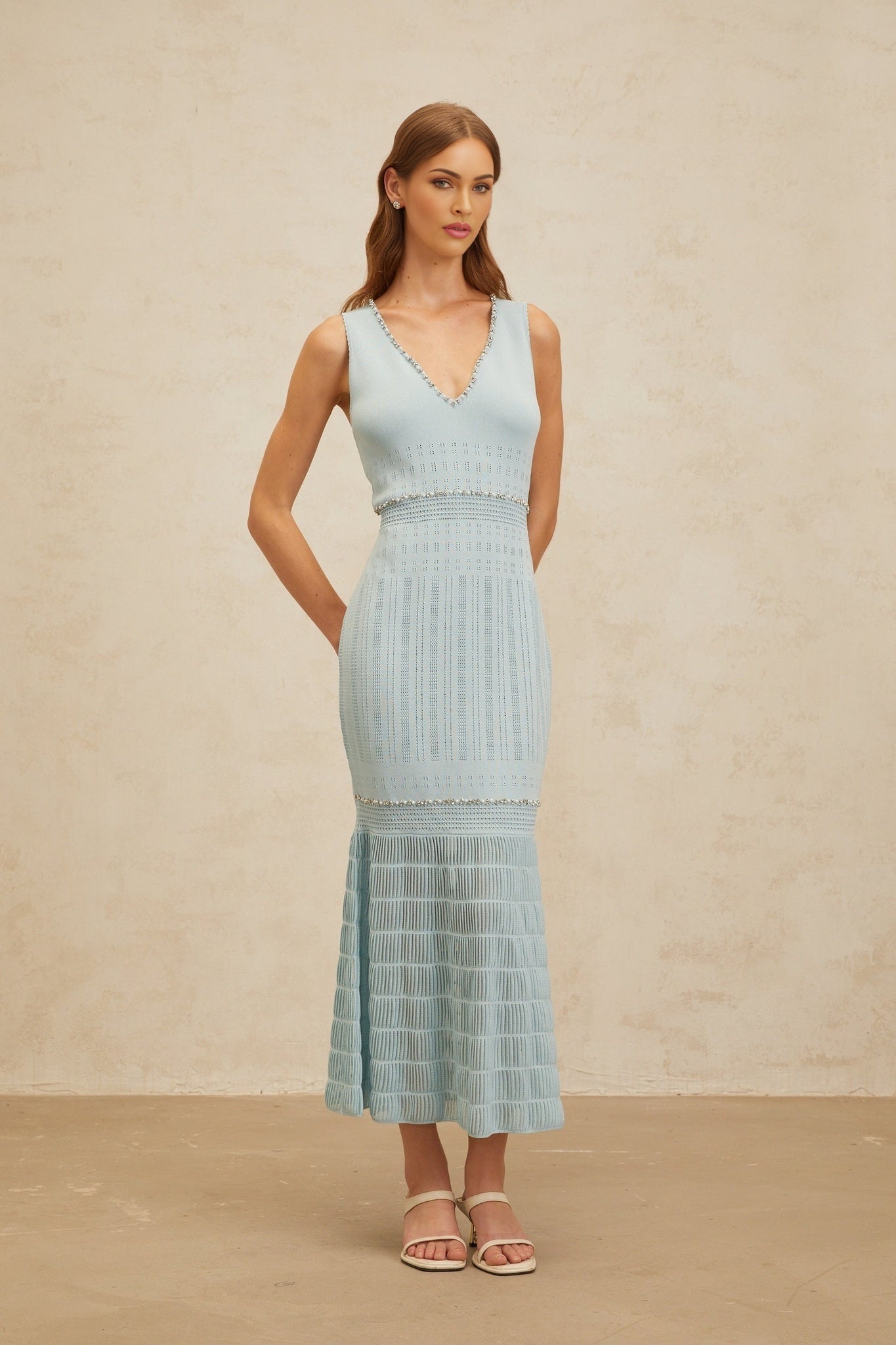 Malaya Maxi Dress - Blue Rhinestone Embellished - Pointelle Trim - Fitted Waistline