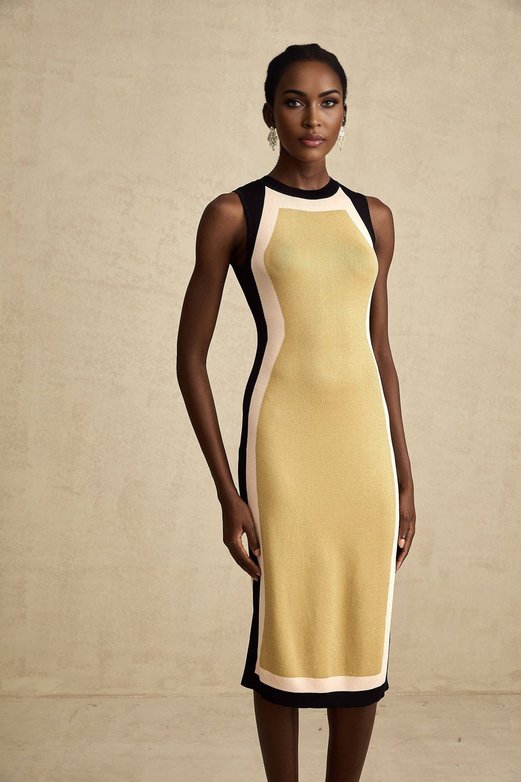Malaya Midi Dress Yellow Black Knitted Sleeveless Calf Length Stretch Jersey
