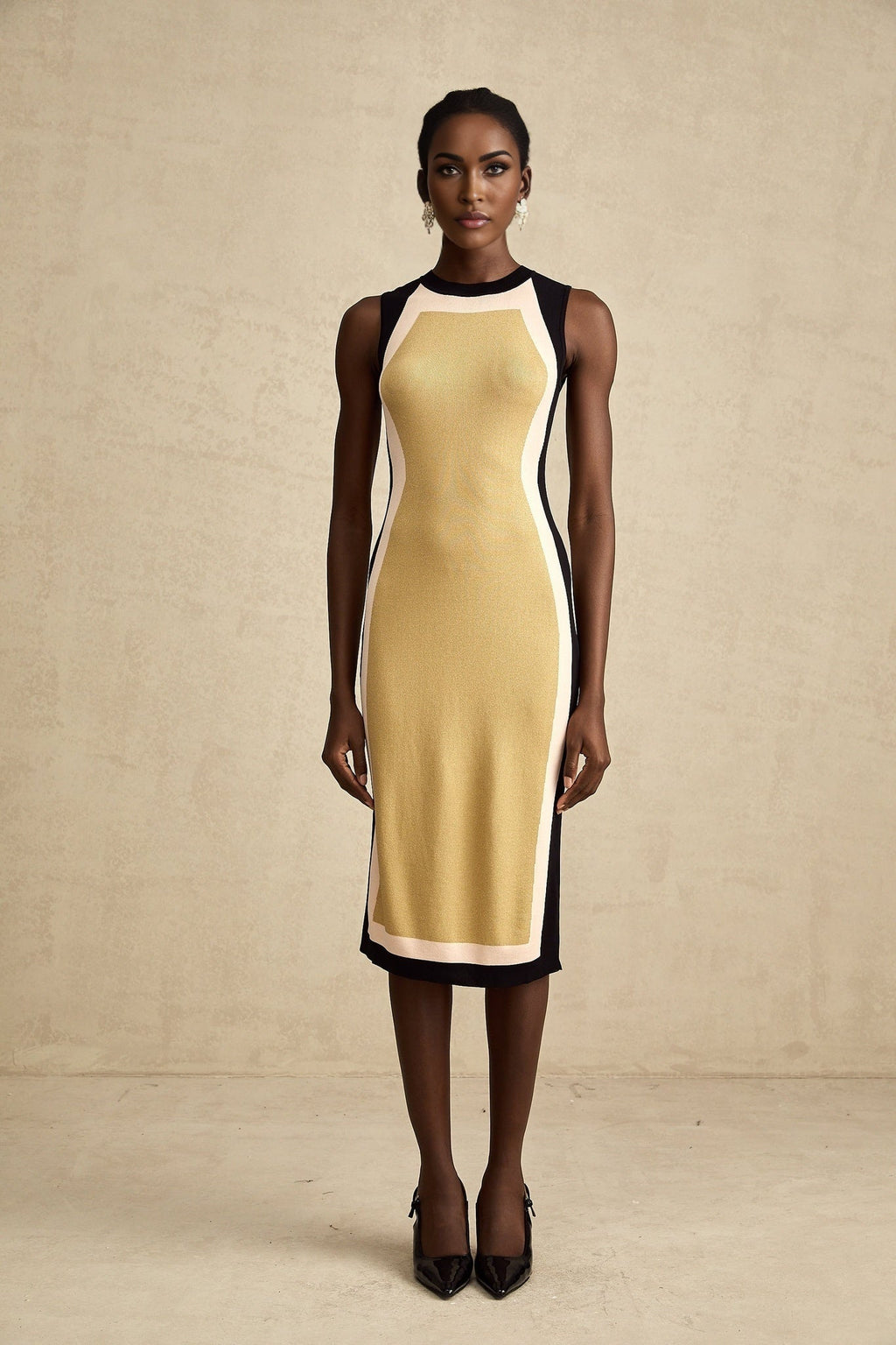 Malaya Midi Dress Yellow Black Knitted Sleeveless Calf Length Stretch Jersey