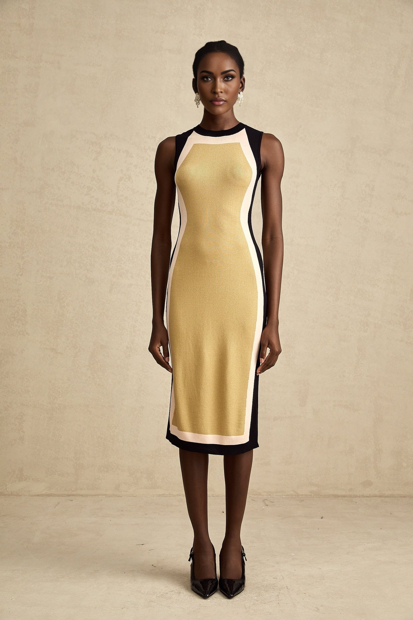 Malaya Midi Dress Yellow Black Knitted Sleeveless Calf Length Stretch Jersey
