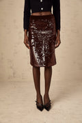 Malaya Skirt Brown Sequin ALine Midi & Side Zip Hem