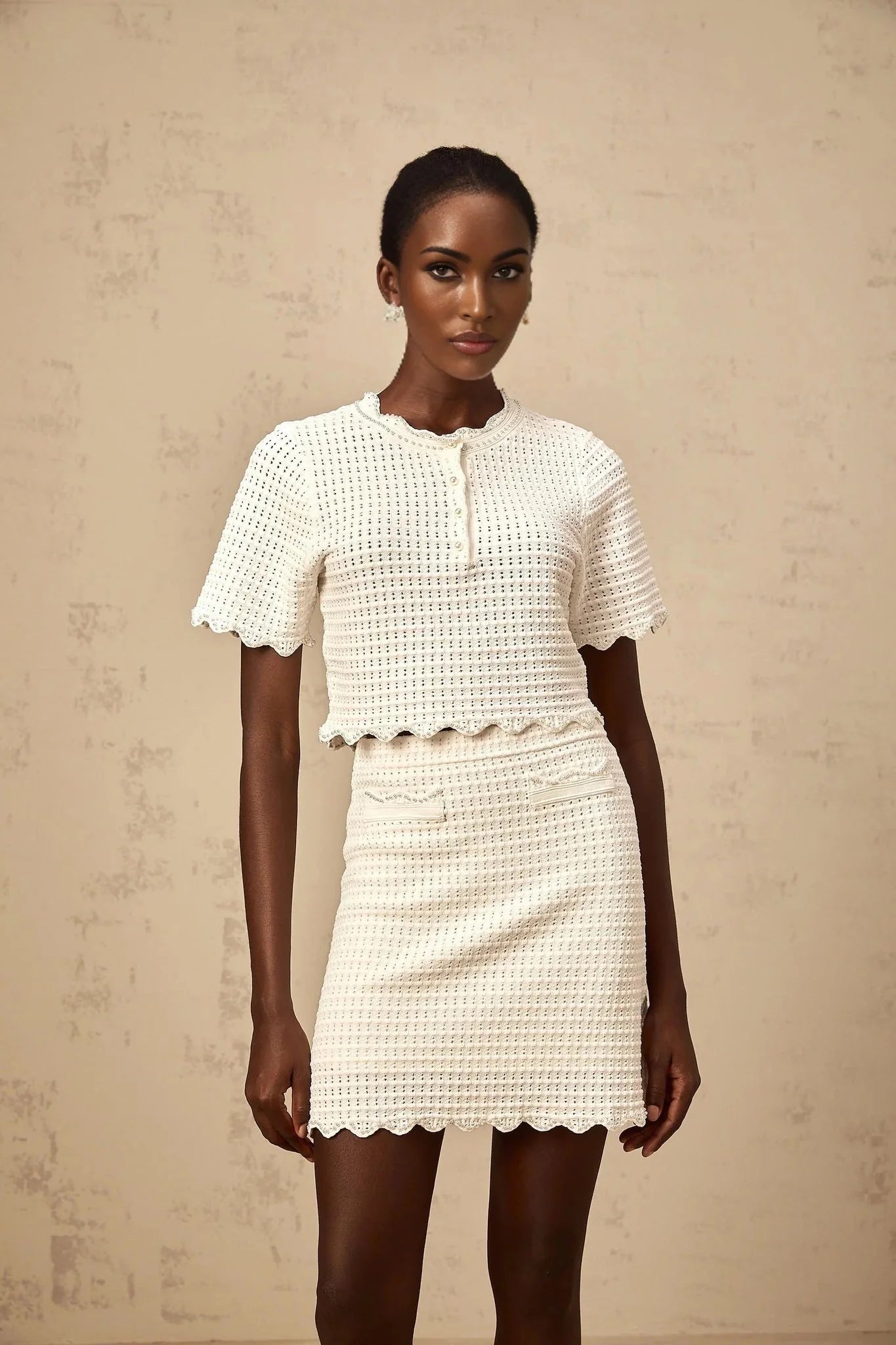 Malaya Top & Skirt Set Cream - White Ruffled Pointelle Knit Matching