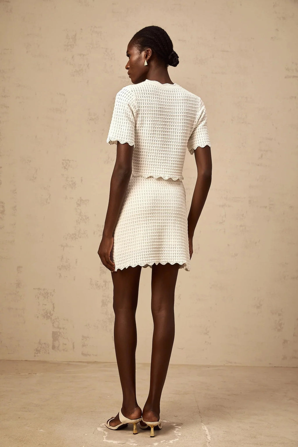 Malaya Top & Skirt Set Cream - White Ruffled Pointelle Knit Matching
