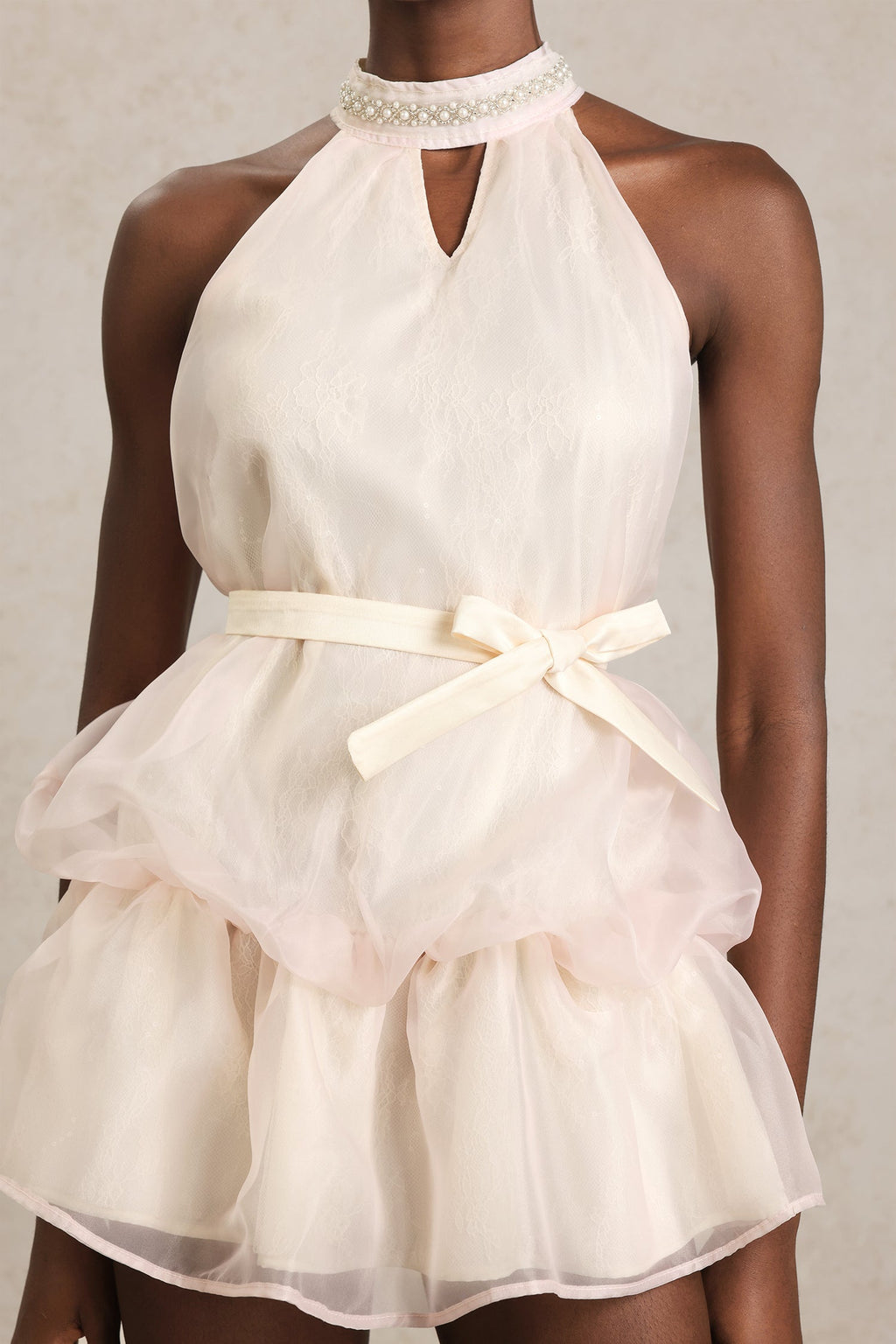 Malia Cream Halter Neckline Ruffle Dress with Pearl Detailing and Bow Waist