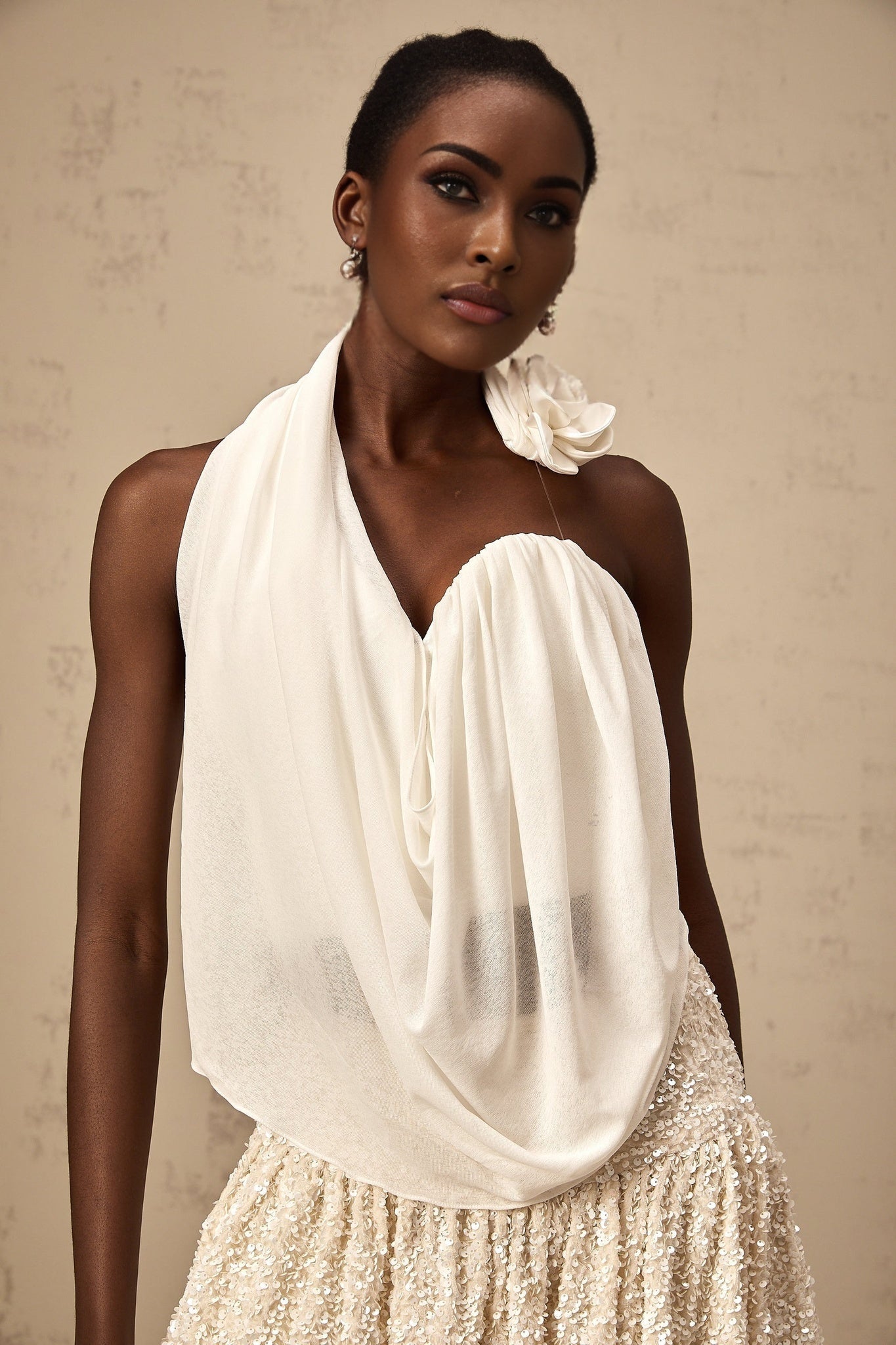 Malia Floral Top White Halterneck Asymmetric Applique