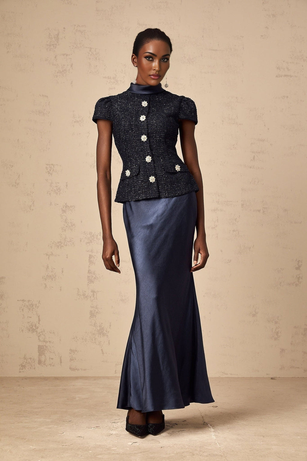 Malia Maxi Dress in Vivid Navy with Sleek Satin Finish & Detachable Skirt Panel