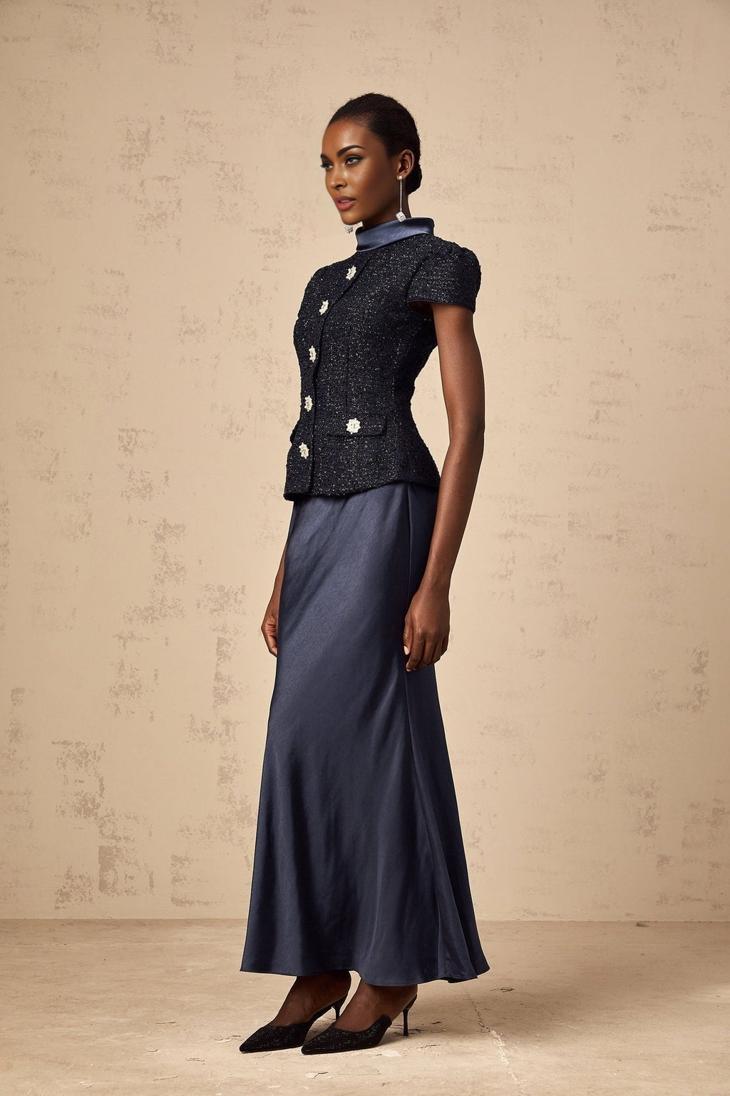 Malia Maxi Dress in Vivid Navy with Sleek Satin Finish & Detachable Skirt Panel