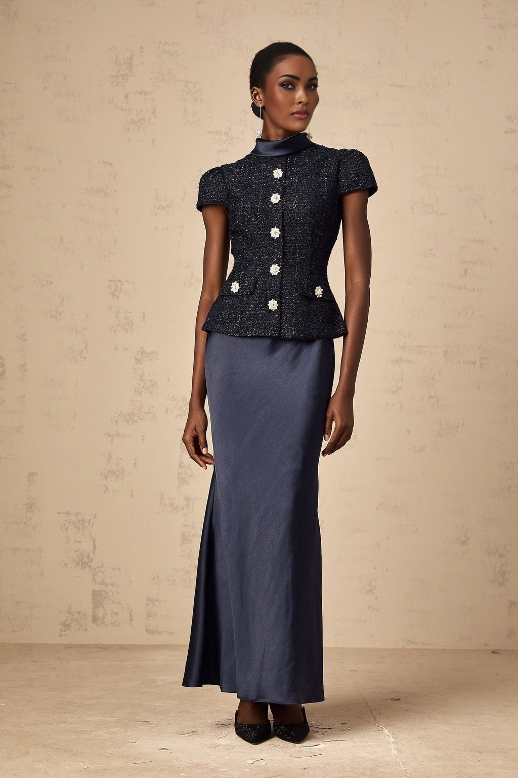 Malia Maxi Dress in Vivid Navy with Sleek Satin Finish & Detachable Skirt Panel