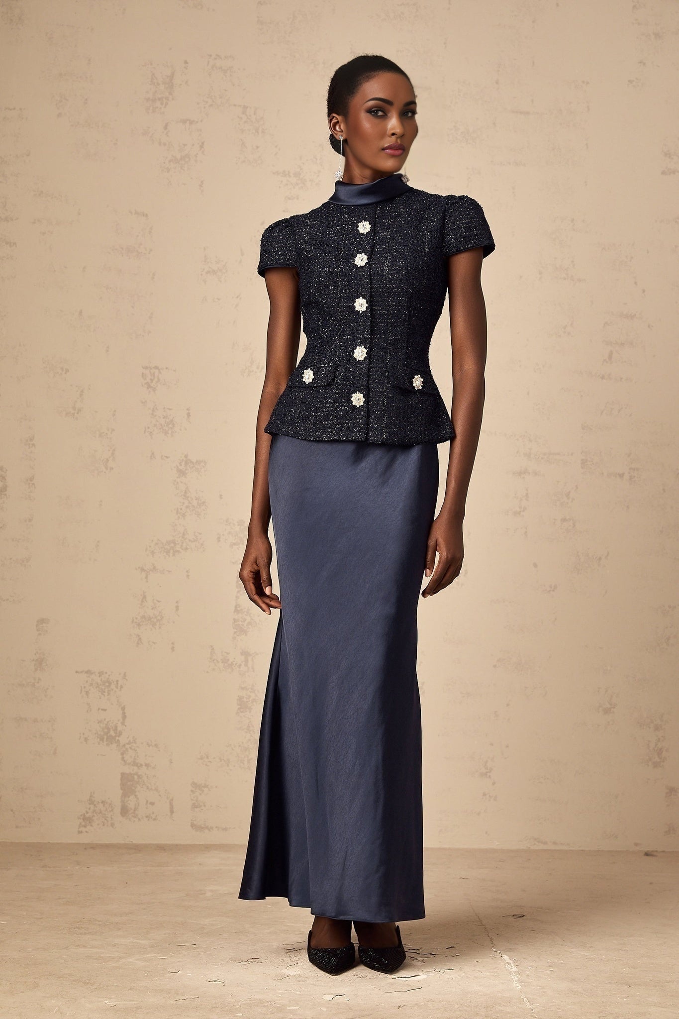 Malia Maxi Dress in Vivid Navy with Sleek Satin Finish & Detachable Skirt Panel