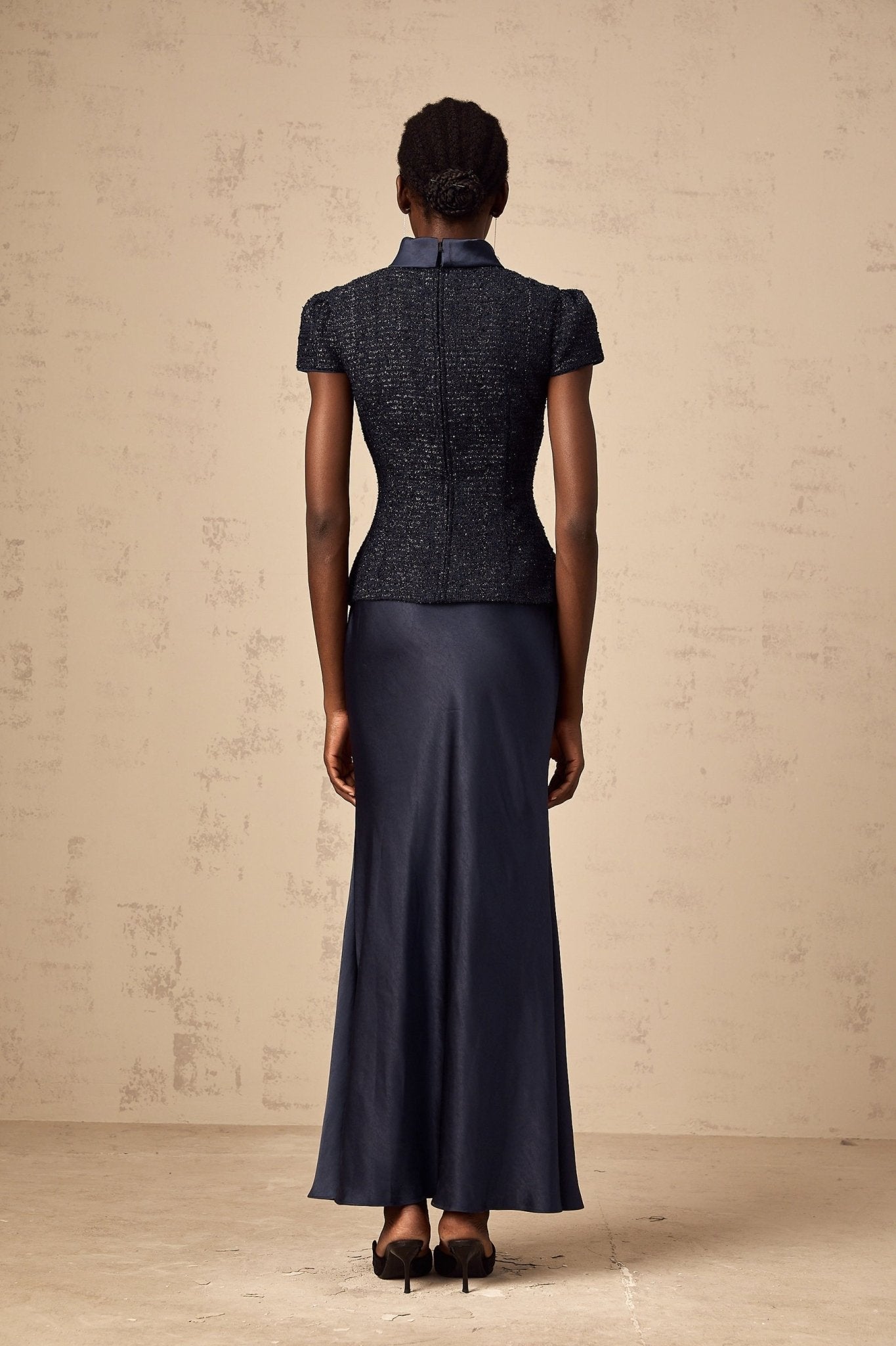 Malia Maxi Dress in Vivid Navy with Sleek Satin Finish & Detachable Skirt Panel