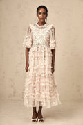 Malia Midi Dress Floral - Embroidered Tiered Ruffle & Back Zipper