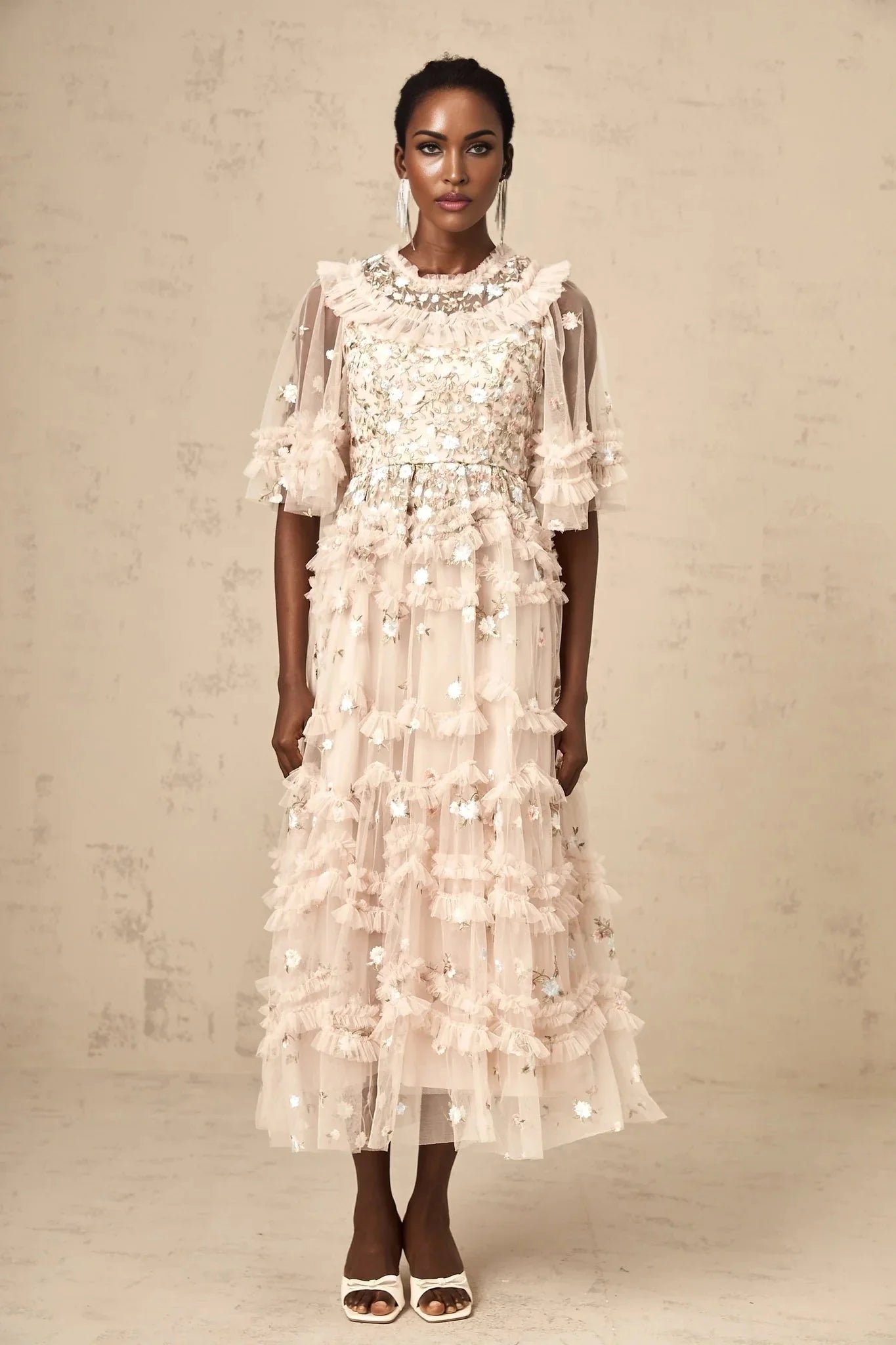 Malia Midi Dress Floral - Embroidered Tiered Ruffle & Back Zipper