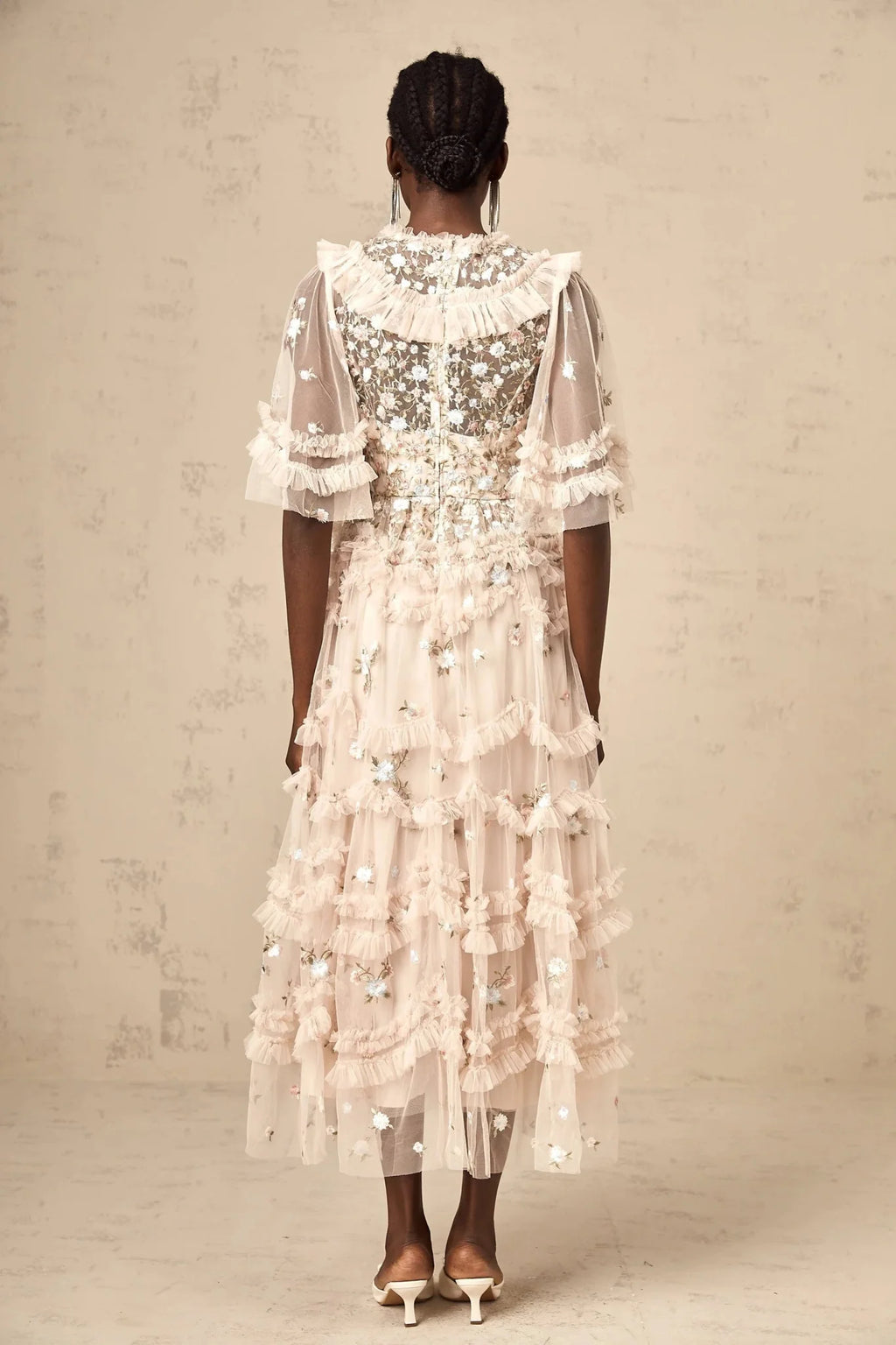Malia Midi Dress Floral - Embroidered Tiered Ruffle & Back Zipper