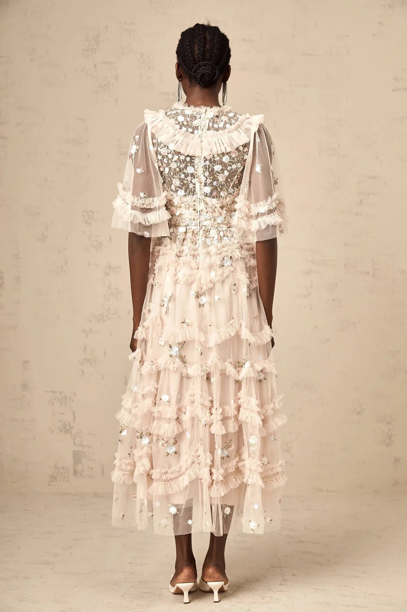 Malia Midi Dress Floral - Embroidered Tiered Ruffle & Back Zipper