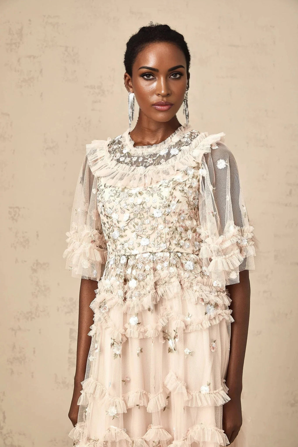 Malia Midi Dress Floral - Embroidered Tiered Ruffle & Back Zipper