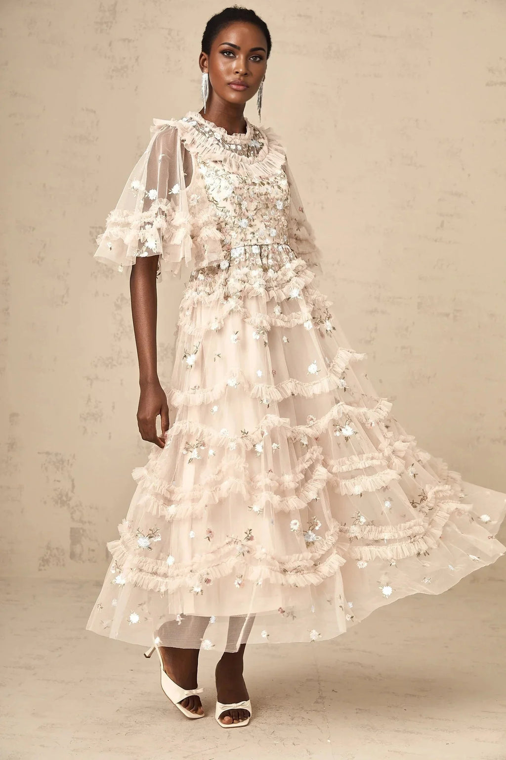 Malia Midi Dress Floral - Embroidered Tiered Ruffle & Back Zipper