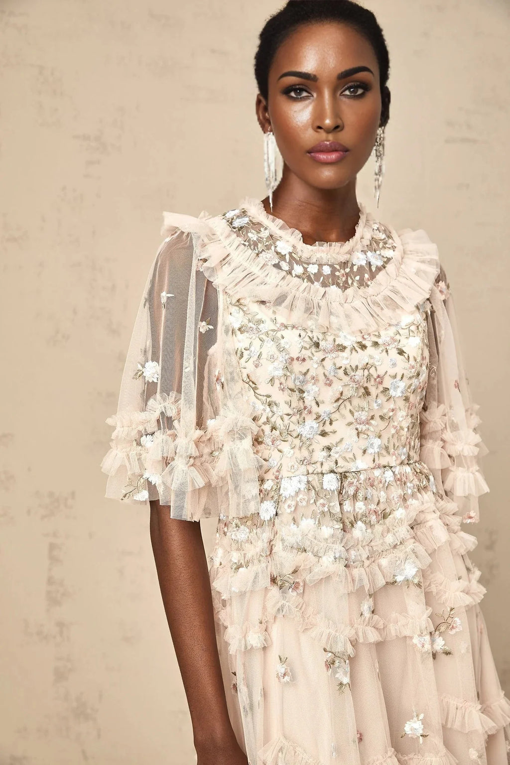 Malia Midi Dress Floral - Embroidered Tiered Ruffle & Back Zipper