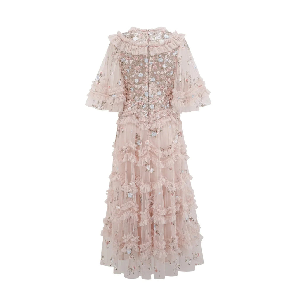 Malia Midi Dress Floral - Embroidered Tiered Ruffle & Back Zipper