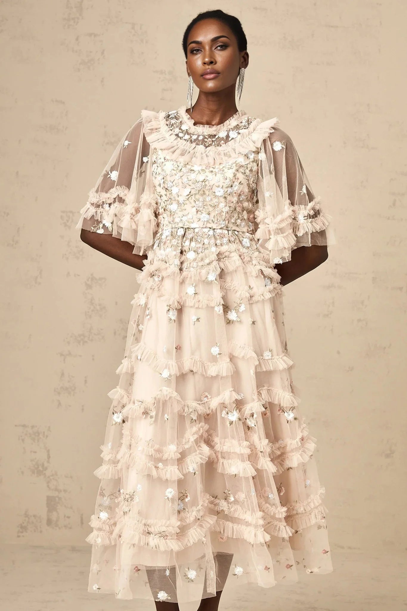Malia Midi Dress Floral - Embroidered Tiered Ruffle & Back Zipper