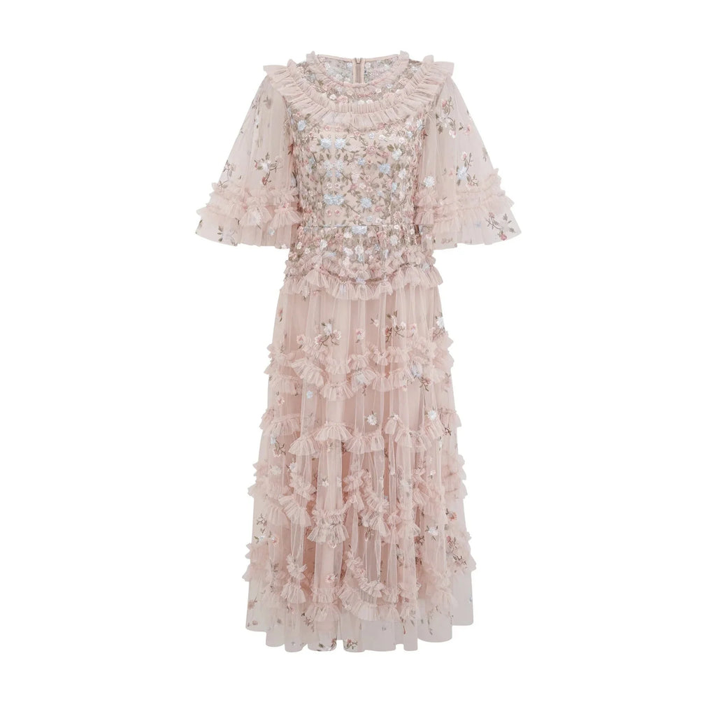 Malia Midi Dress Floral - Embroidered Tiered Ruffle & Back Zipper