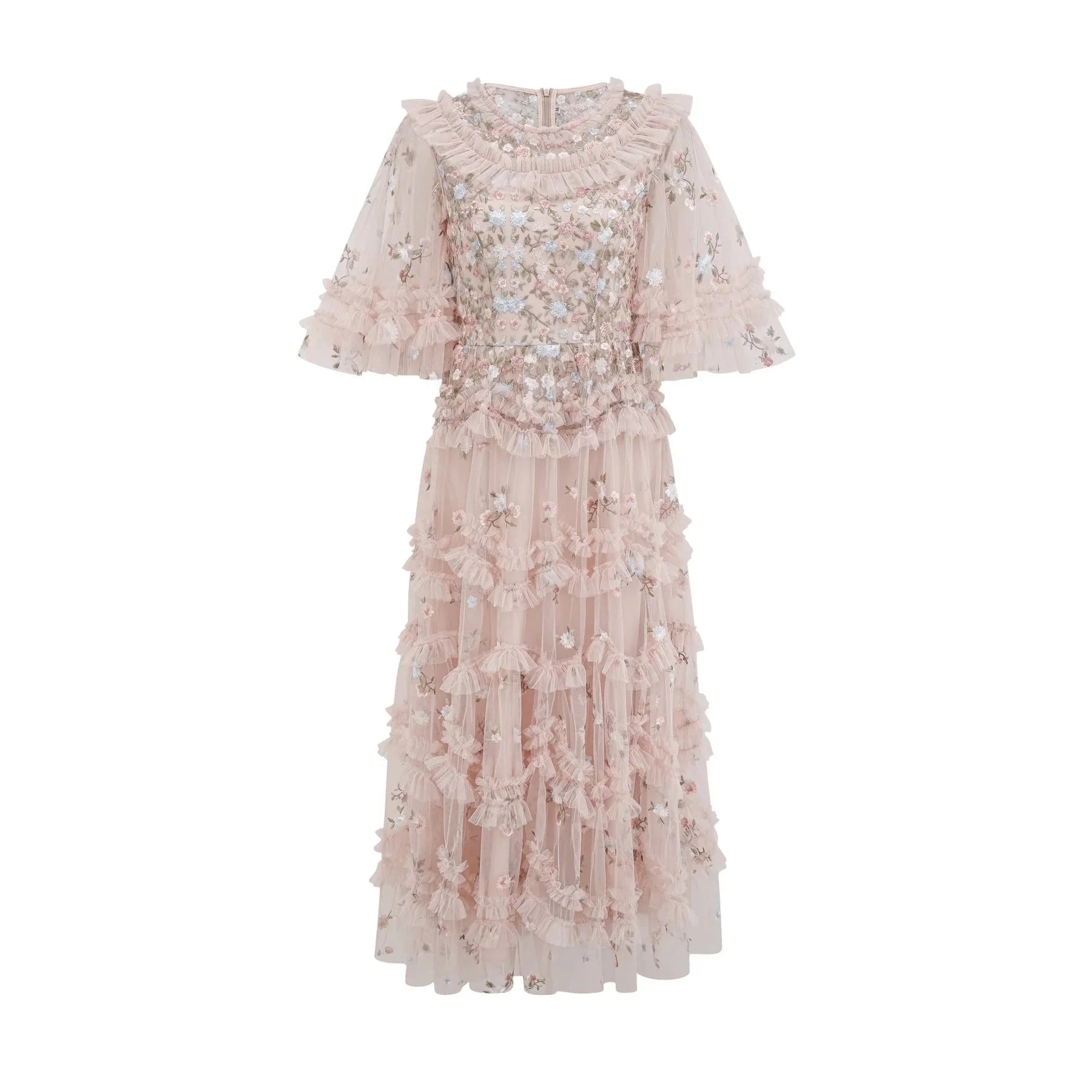 Malia Midi Dress Floral - Embroidered Tiered Ruffle & Back Zipper