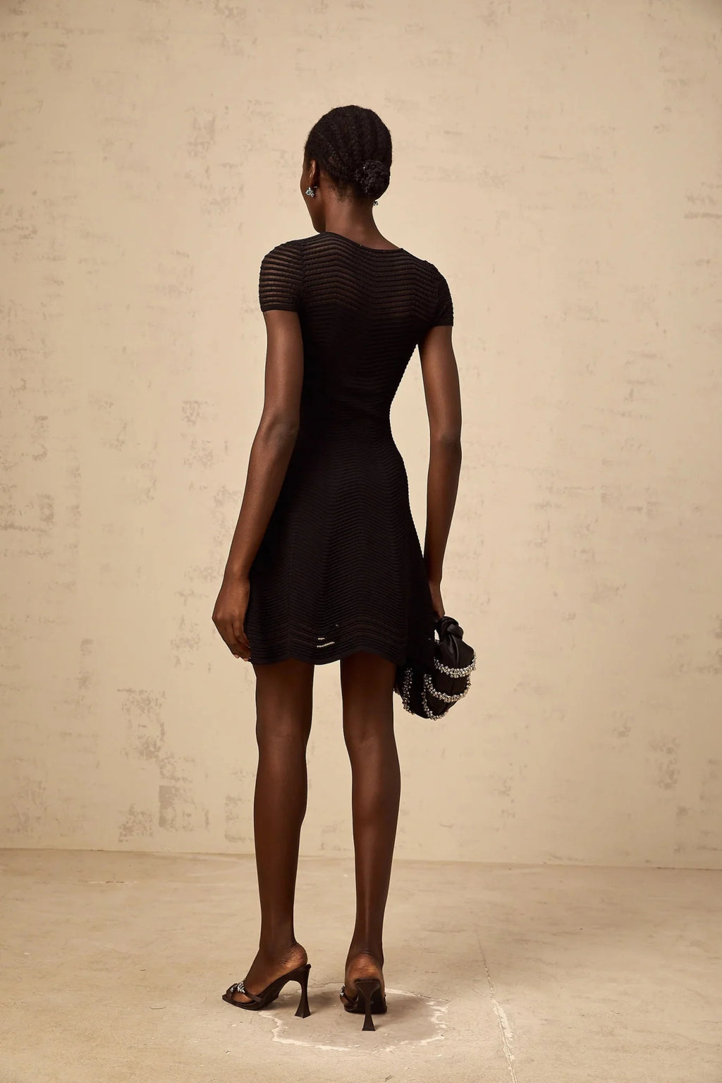 Malia Mini Dress Black Wavy Crochet Texture Scalloped Hem & Tulle Panel