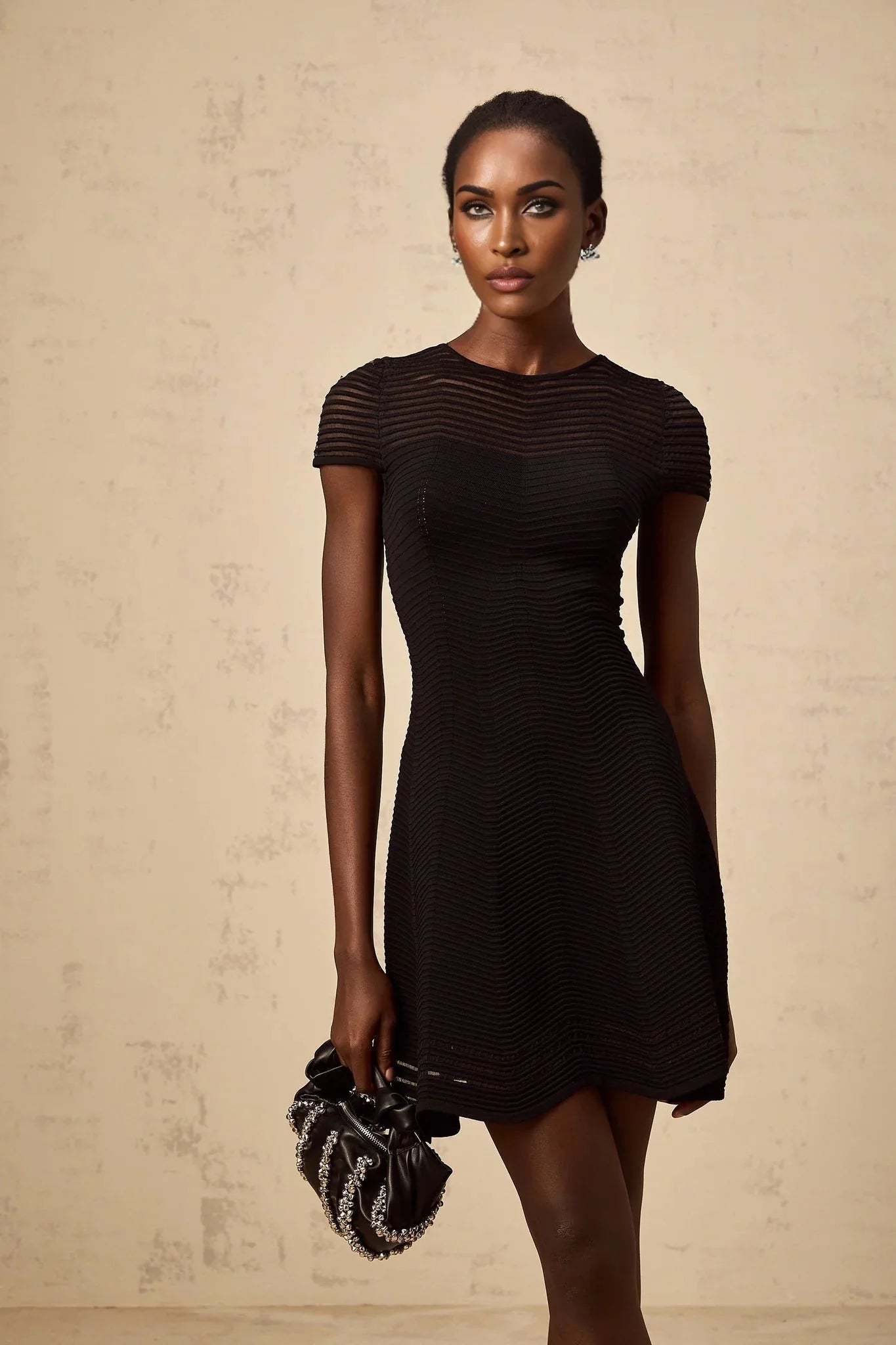 Malia Mini Dress Black Wavy Crochet Texture Scalloped Hem & Tulle Panel