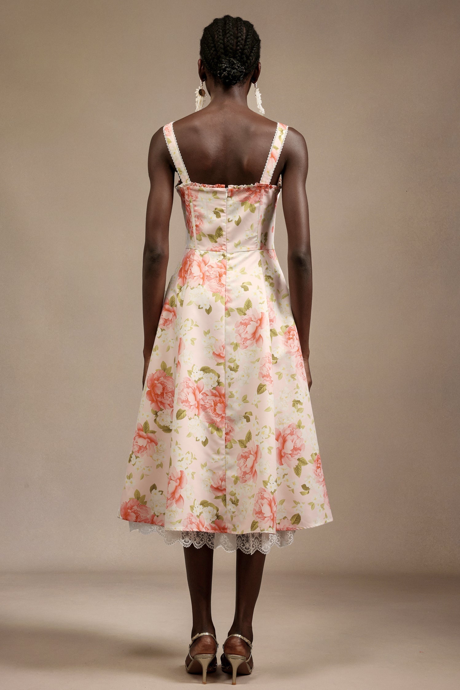 Malia Pink Floral Halter Neck Midi Dress with Bowknot Detail and Lace Trim
