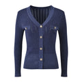 Malia Ribbed V - Neck Top – Shimmer Detail – Decorative Buttons – Fitted Knit Design