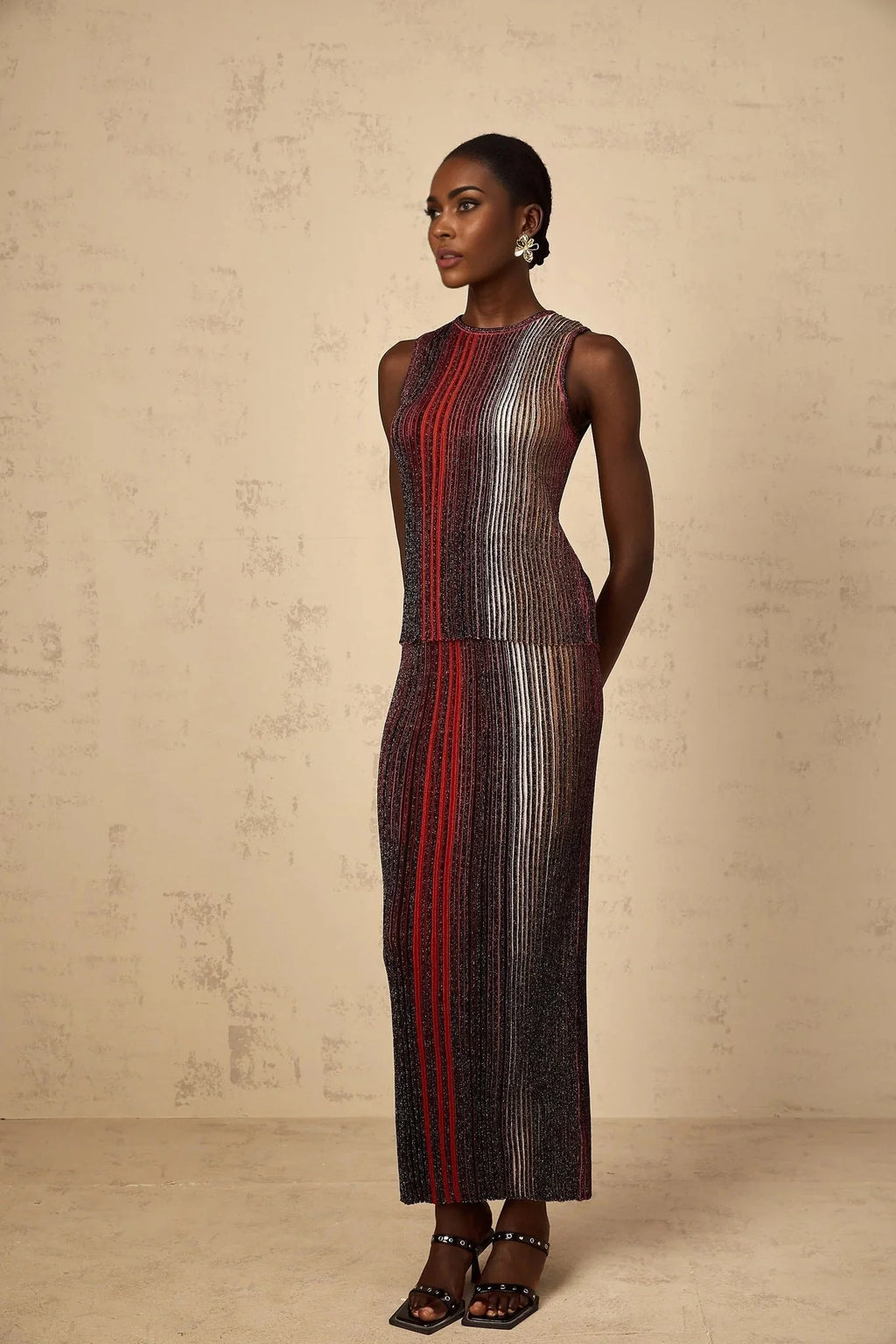 Malia Top & Skirt Set with Textured Finish and Striped Design