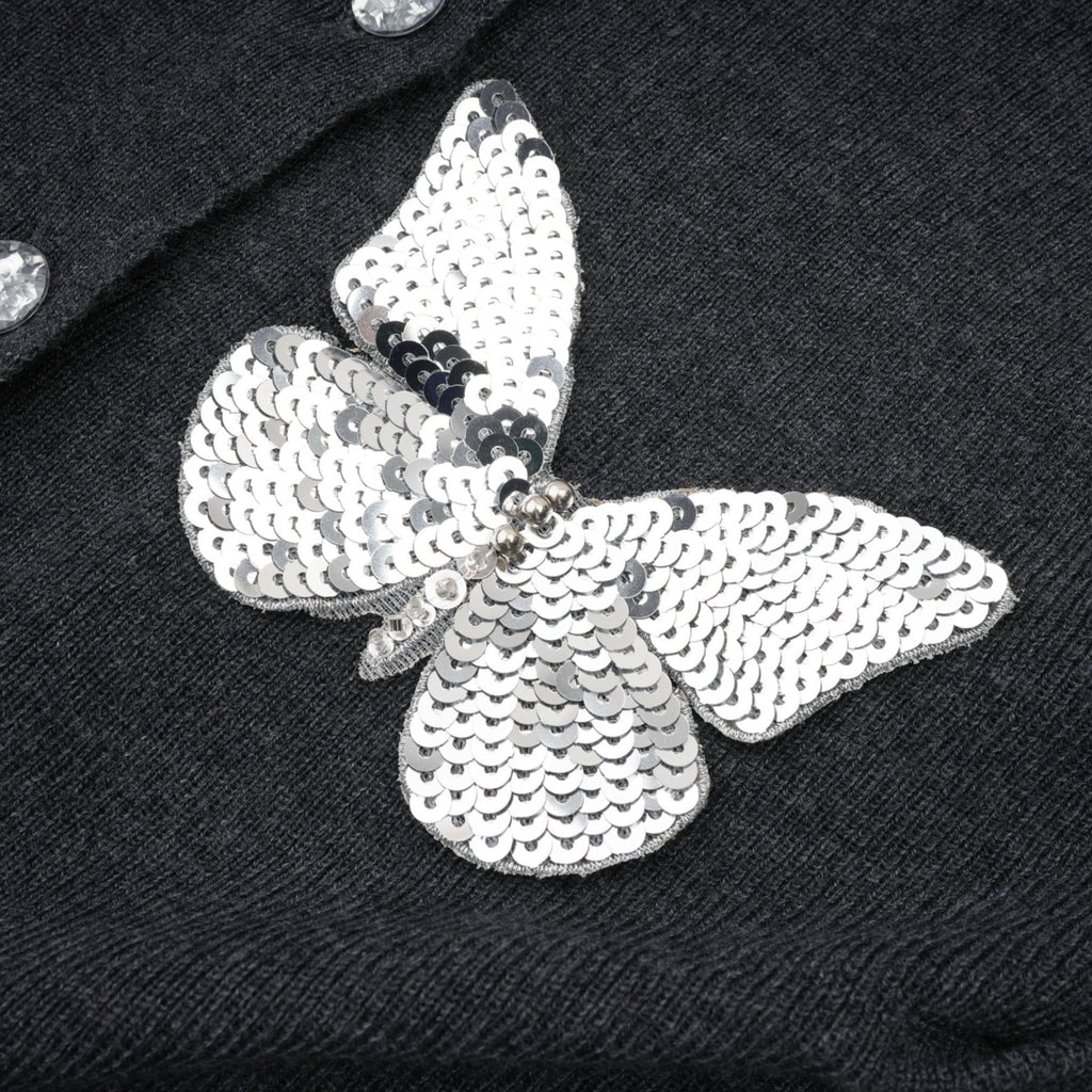 Malina Cardigan Grey Butterfly Sequin Motif & Rhinestone Detail