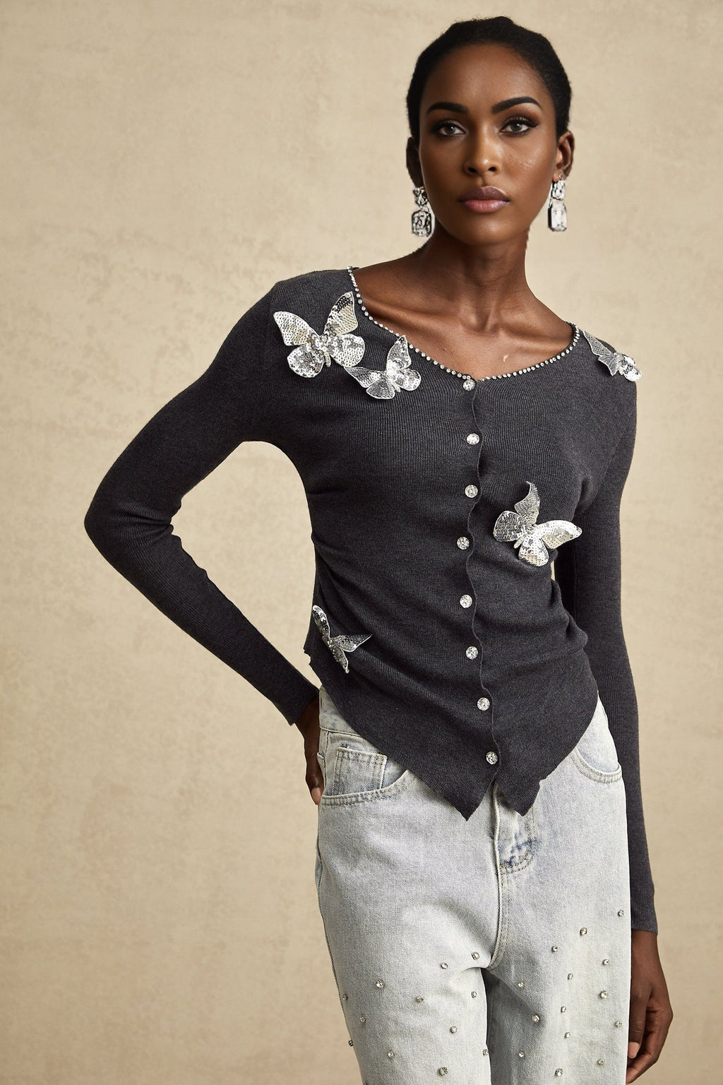 Malina Cardigan Grey Butterfly Sequin Motif & Rhinestone Detail