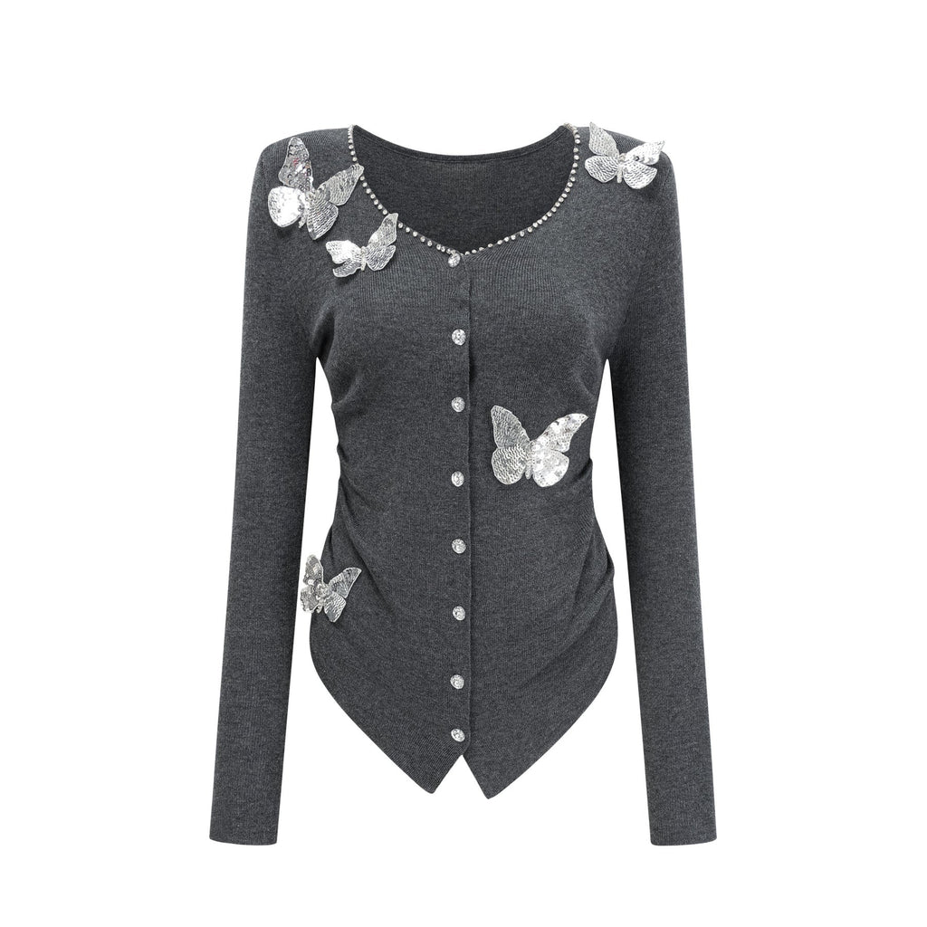 Malina Cardigan Grey Butterfly Sequin Motif & Rhinestone Detail