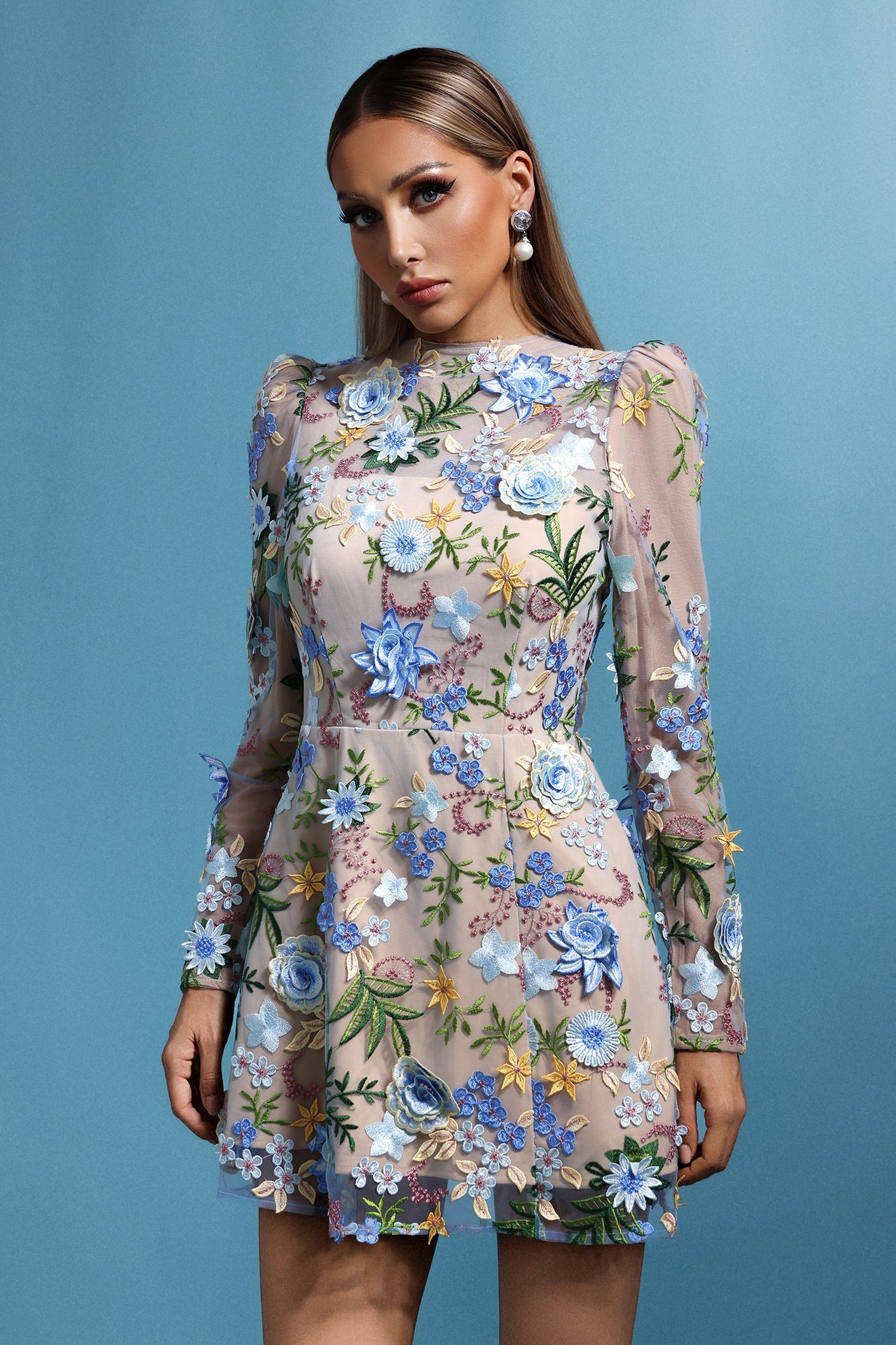 Mallory Beige Floral Embroidered Mini Dress with Sheer Overlay