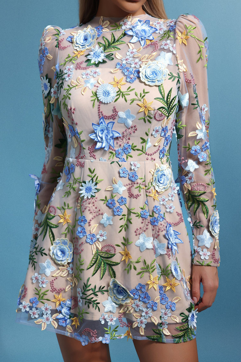 Mallory Beige Floral Embroidered Mini Dress