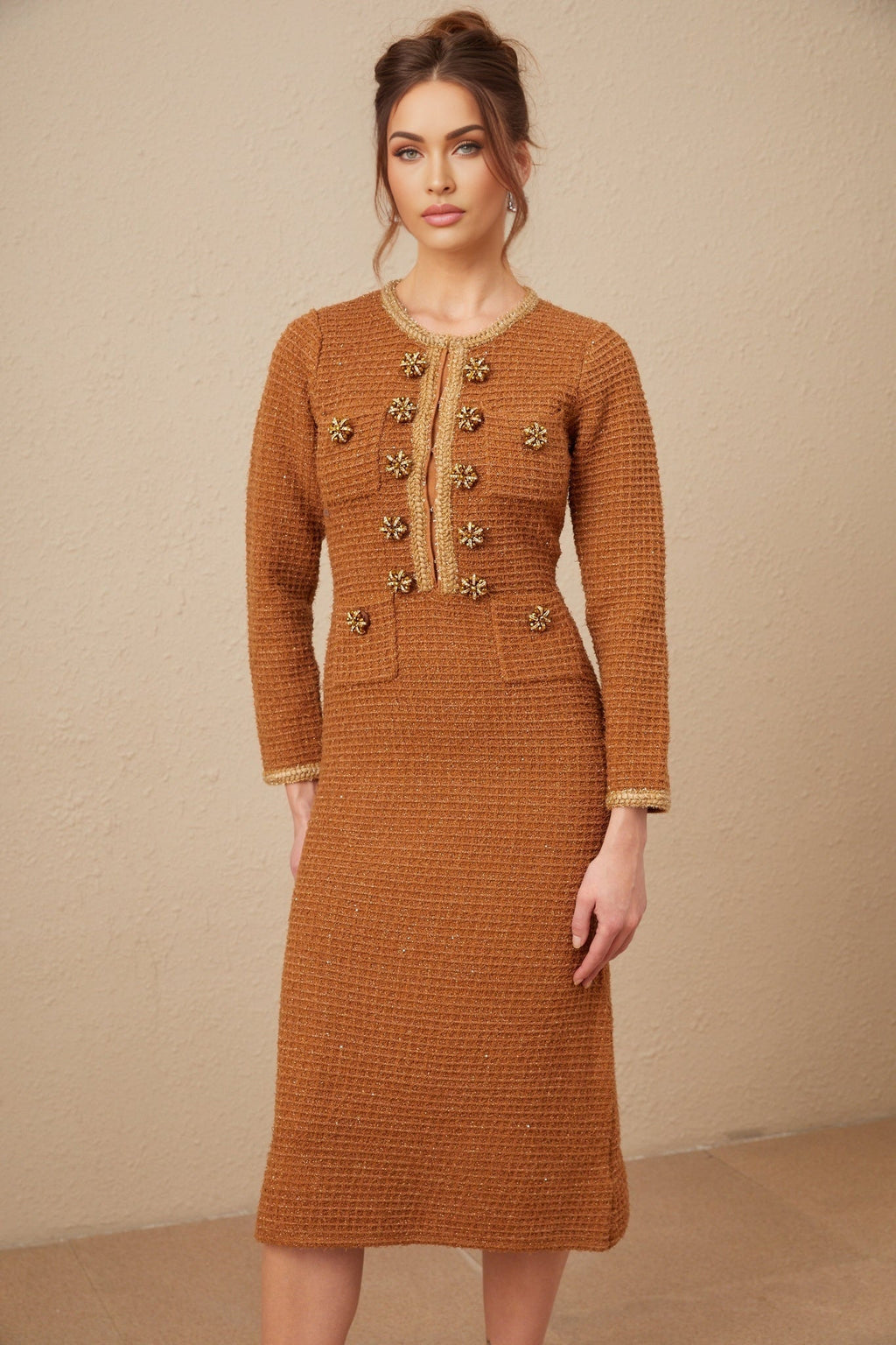 Mallory Dress Caramel Tweed Embellished Pockets & Buttons