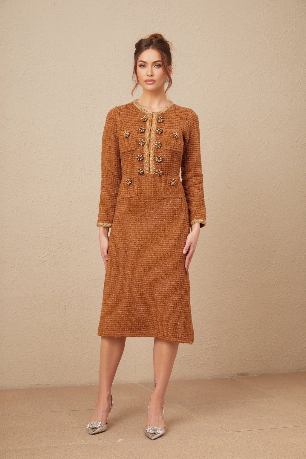 Mallory Dress Caramel Tweed Embellished Pockets & Buttons