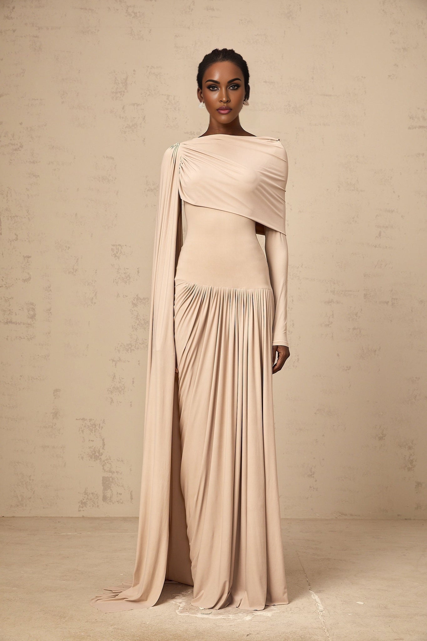 Mallory Maxi Dress with Cape and Ribbon Design