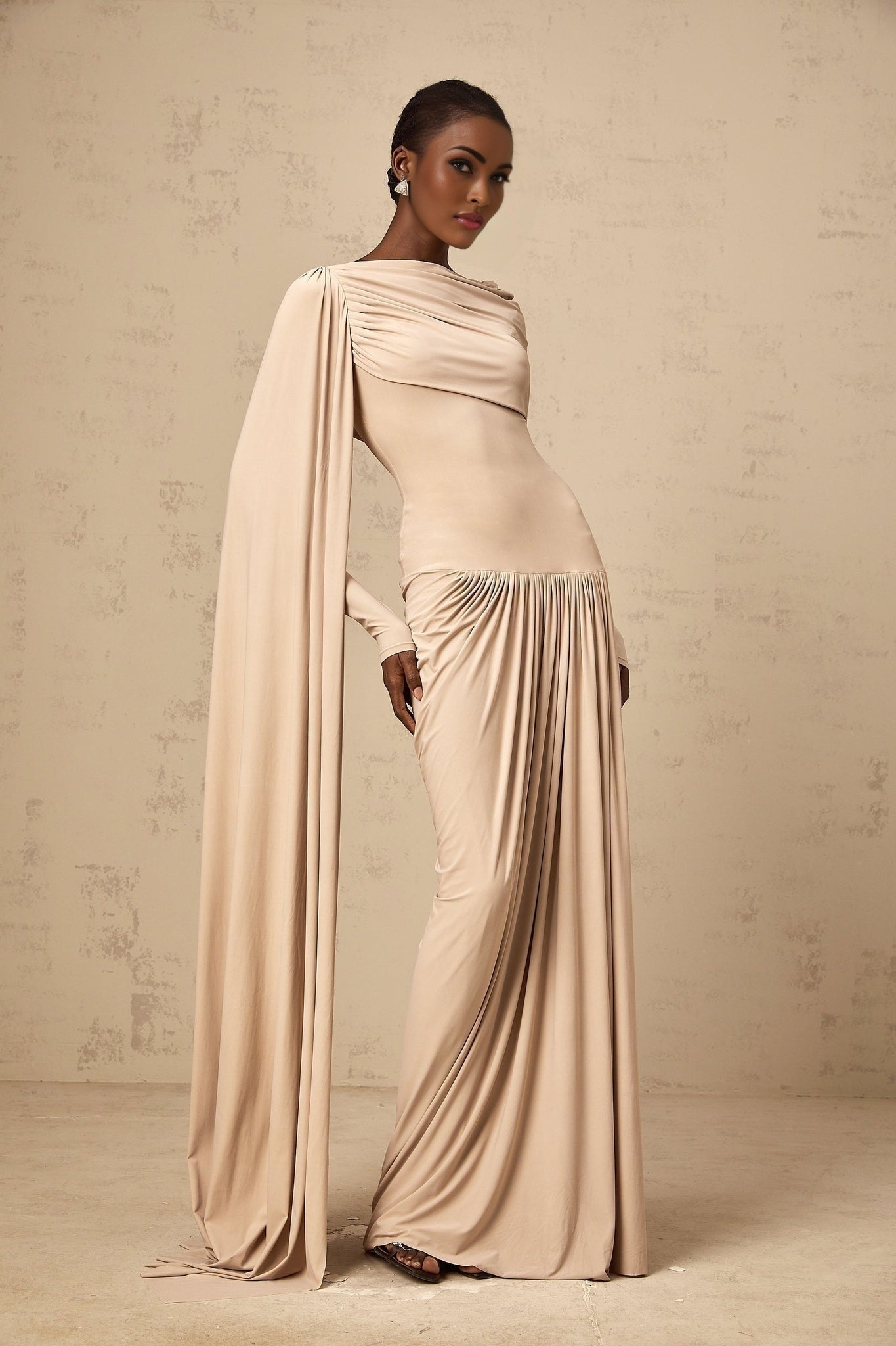 Mallory Maxi Dress with Cape and Ribbon Design