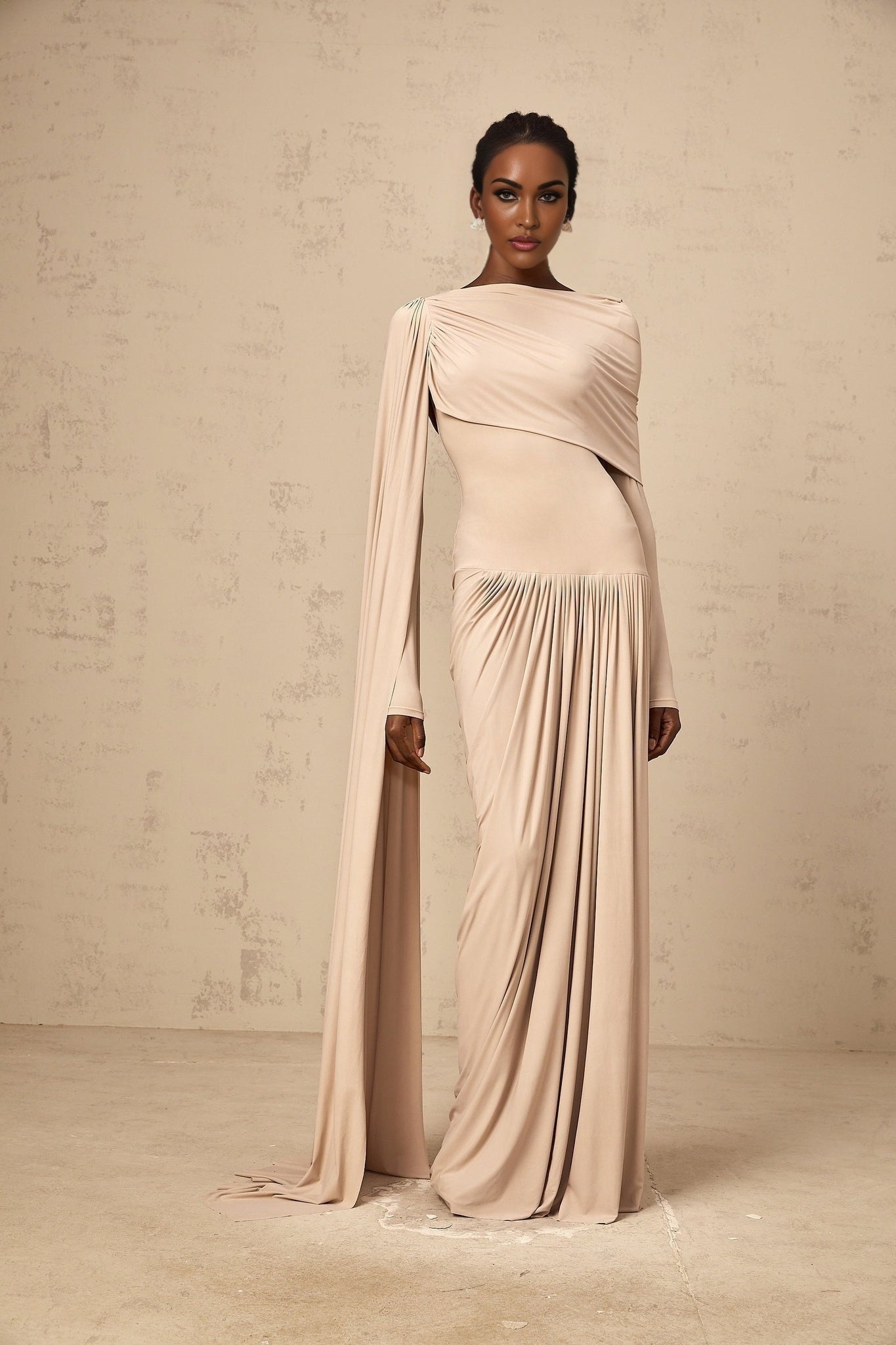Mallory Maxi Dress with Cape and Ribbon Design