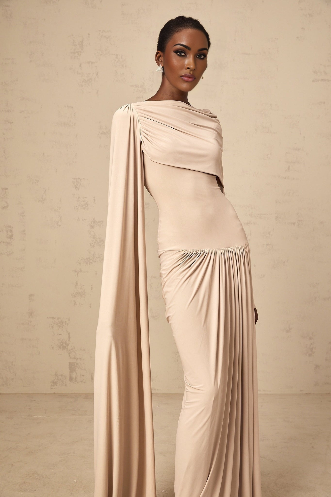 Mallory Maxi Dress with Cape and Ribbon Design