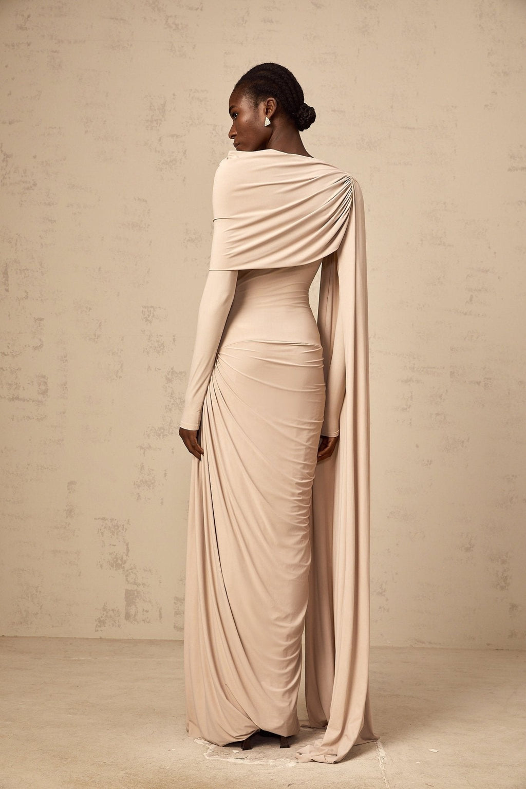 Mallory Maxi Dress with Cape and Ribbon Design