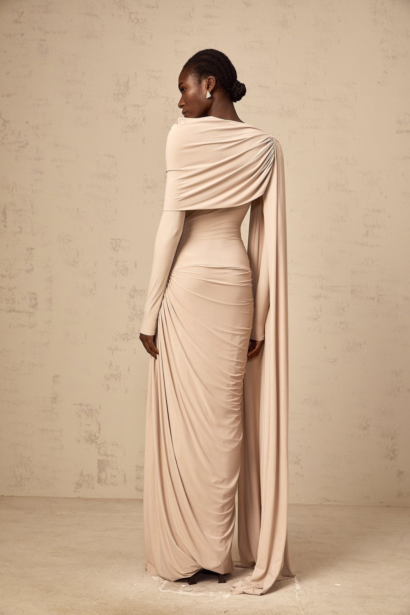 Mallory Maxi Dress with Cape and Ribbon Design