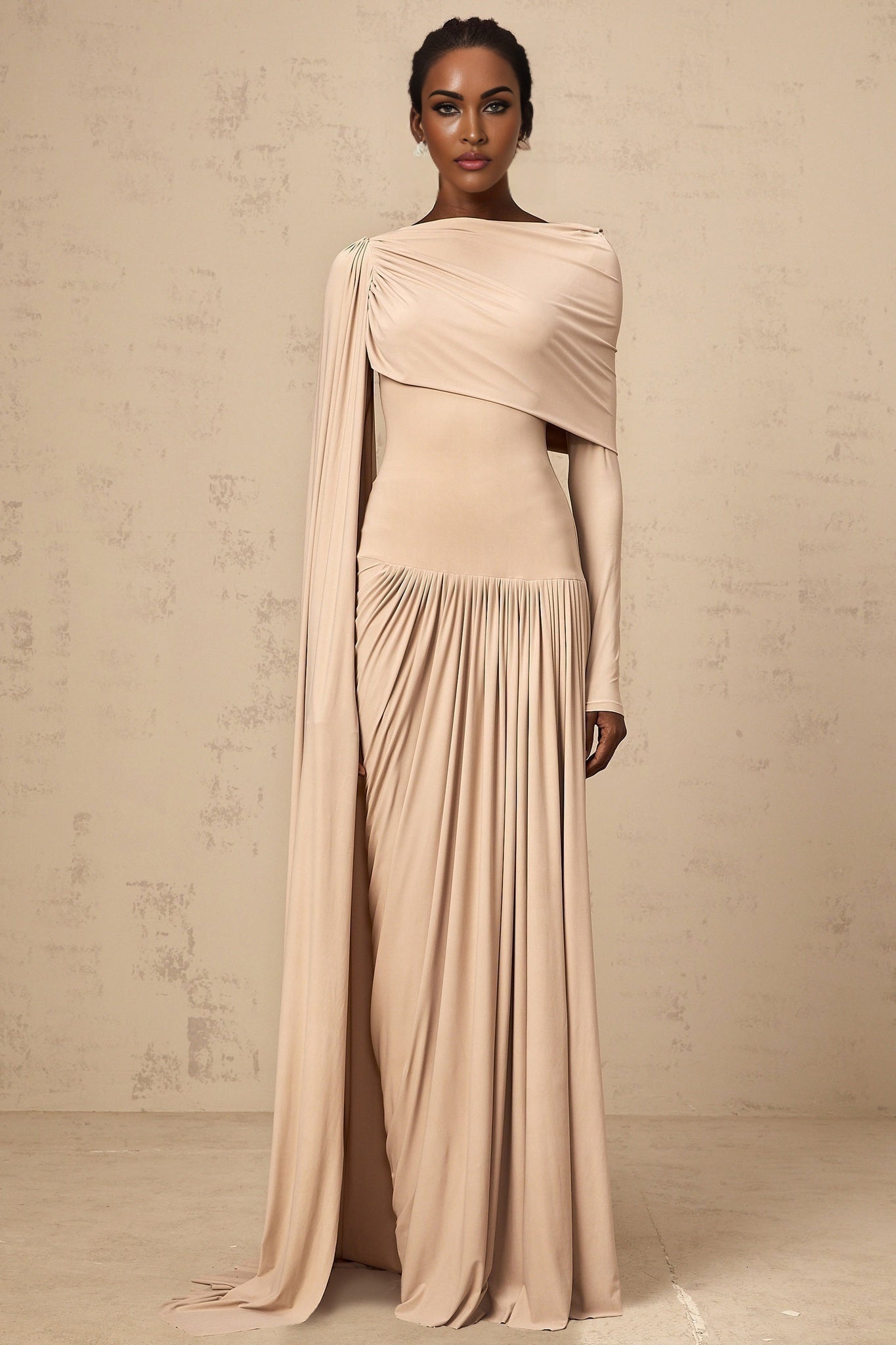 Mallory Maxi Dress with Cape and Ribbon Design