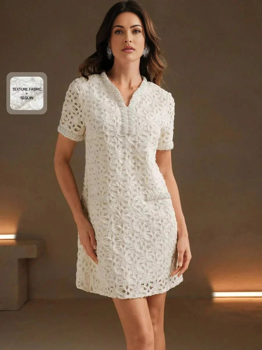 Mallory Midi Dress - Elegant Style - Notched Neckline - Short Sleeve - Tunic Design - Polyester Fabric