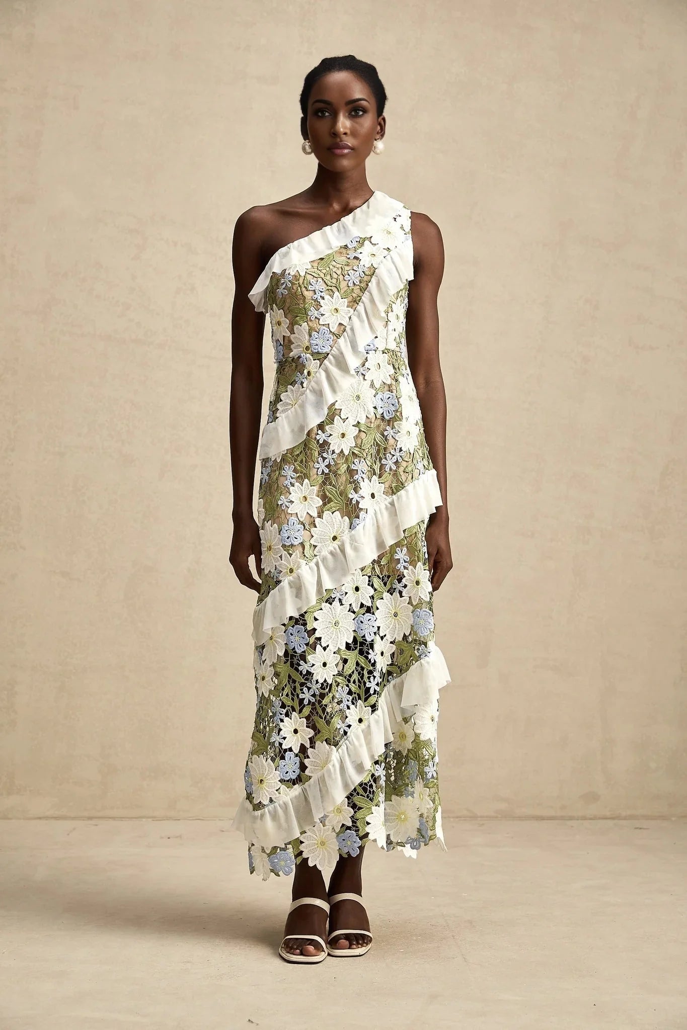 Mallory Midi Dress Green Multicolor Floral Embroidery Ruffle Detailing